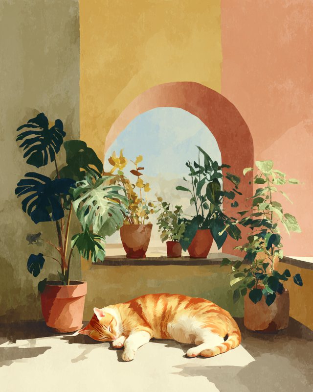Sg6887 Cozy Vintage Gouache Illustration Of A Cat Sleeping On 7b6f1fe3 0c0b 49c5 8877 39ddb7692535 2