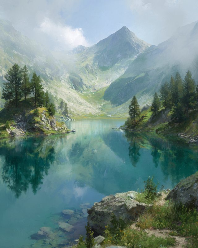 Sg6887 Serene Landscape Painting Of A Crystal Alpine Lake Wit 2109f77b 3e2a 4537 8cc5 6b7da2b341da 3