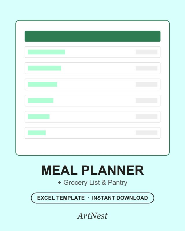 Weekly Meal Planner Excel Template - Digital Download for Budget Shopping & Pantry Tracking