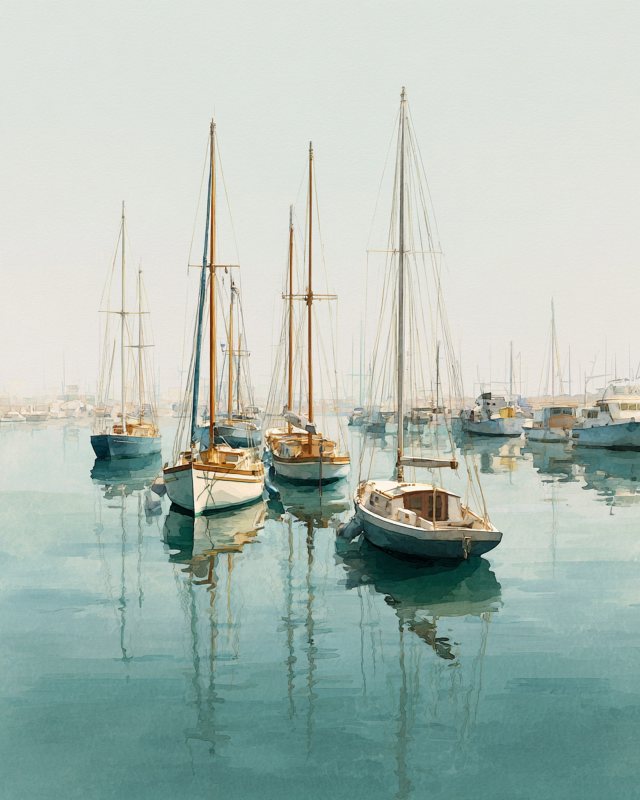 Quiet Harbor Sailboats Printable Wall Art | Coastal Landscape Decor | Instant Digital Download — printable wall art digital download