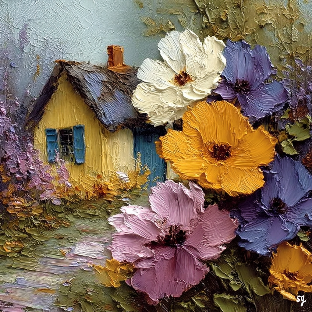 Vibrant Blooms Before a Cottage