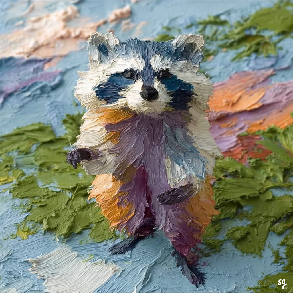 Raccoon in Whimsical Garden Setting