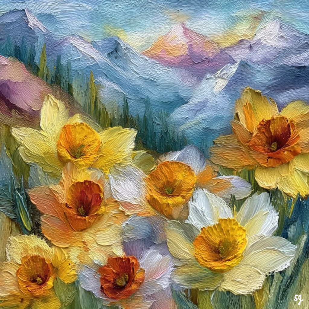 Daffodils Before Snowy Peaks