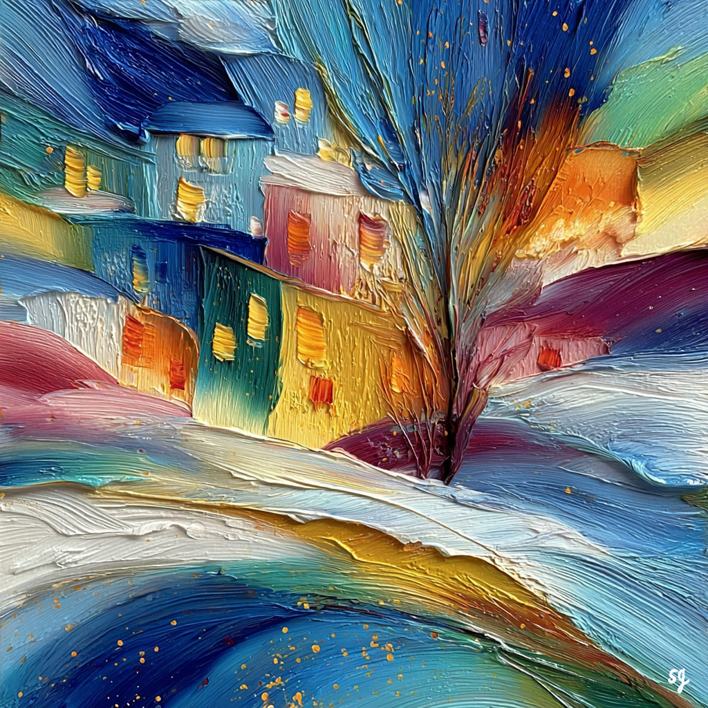 Vibrant Snowy Village Scene