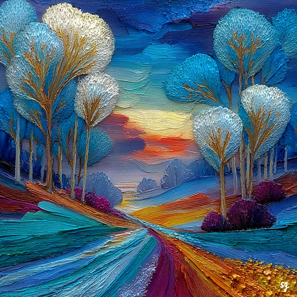 Vibrant Twilight Tree-Lined Road