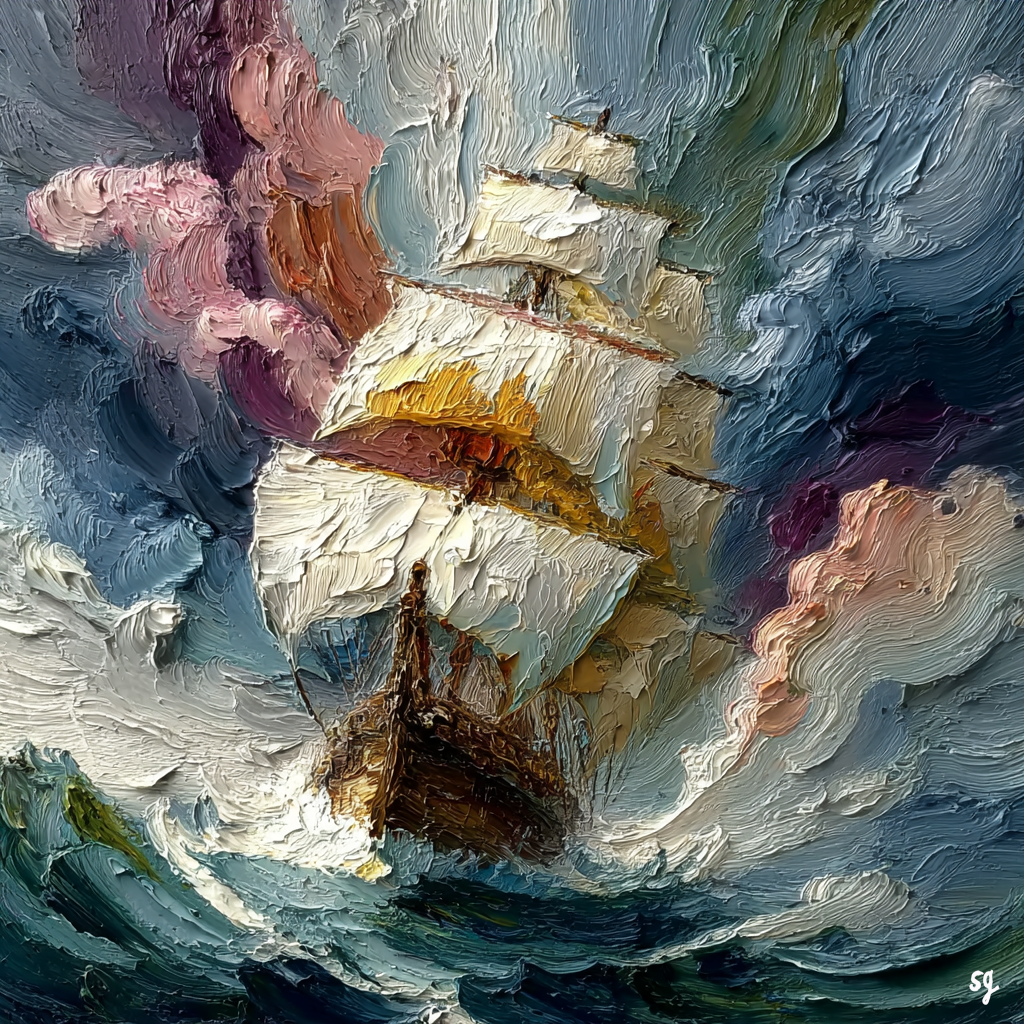 Turbulent Seas, Majestic Sailing Ship