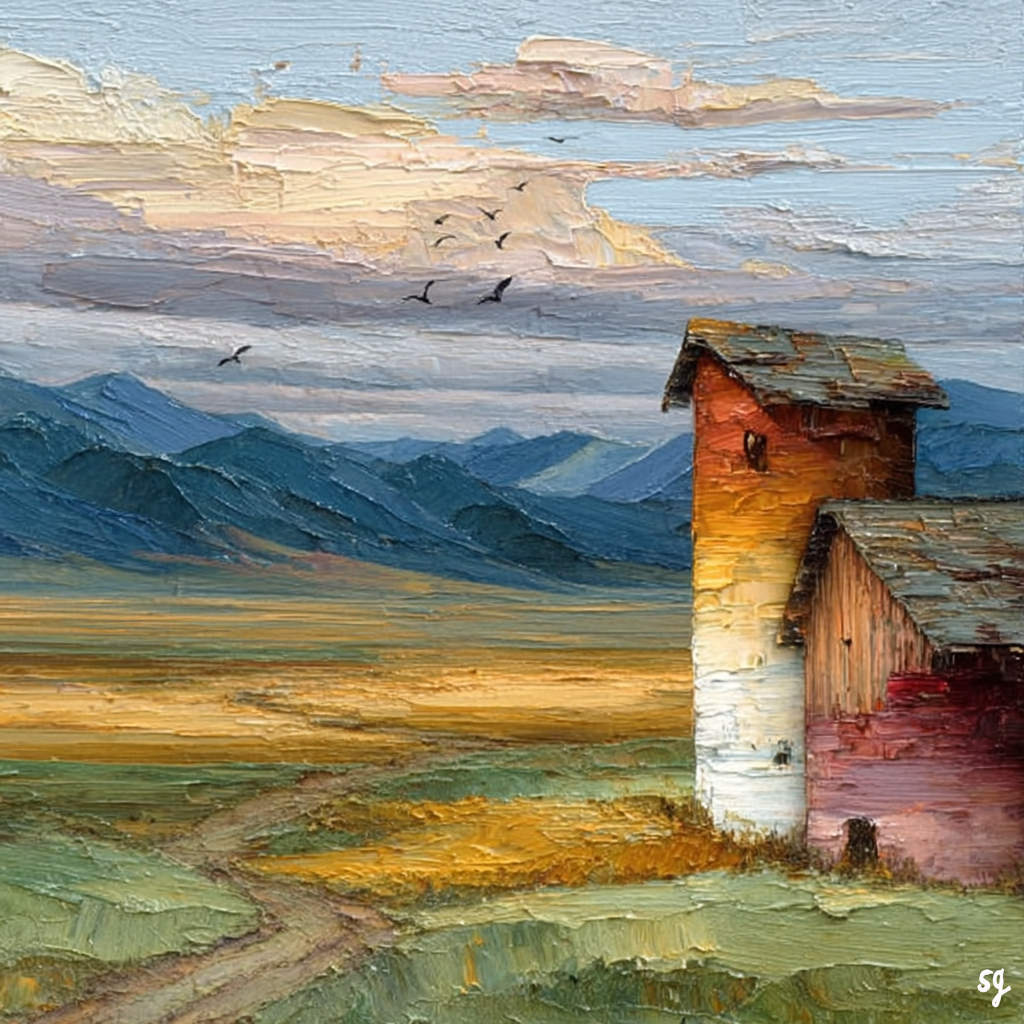 Rustic Barn Amidst Mountainous Horizon