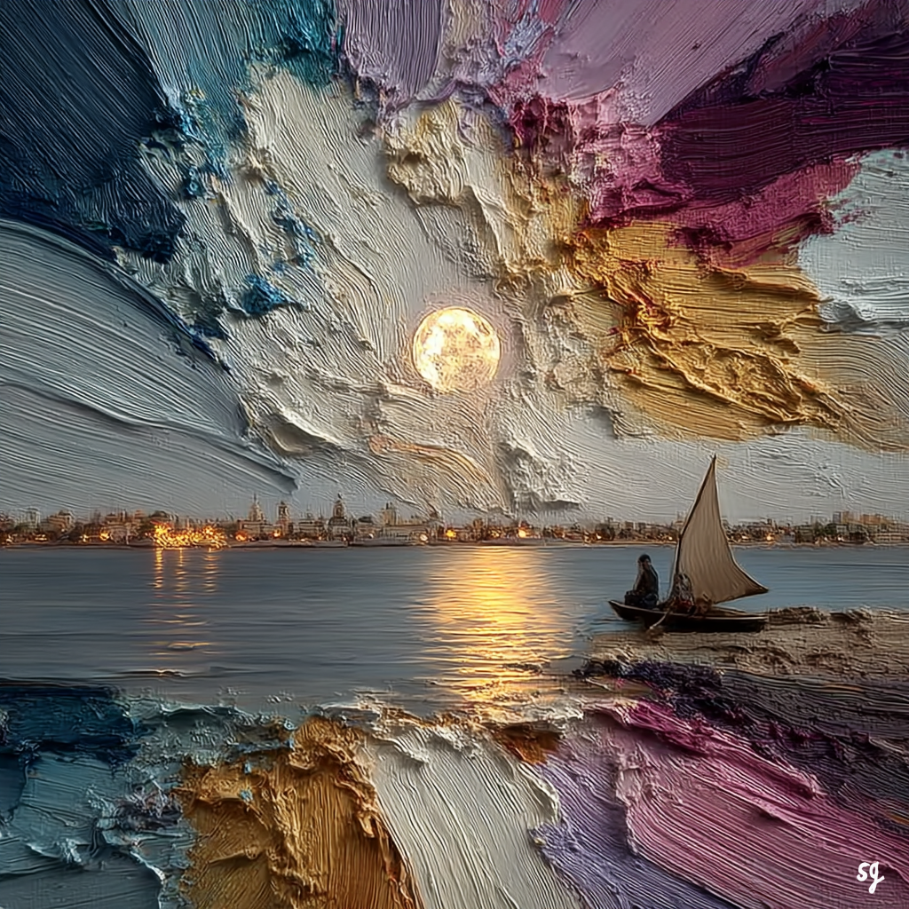 Moonlit Sail on Textured Waters