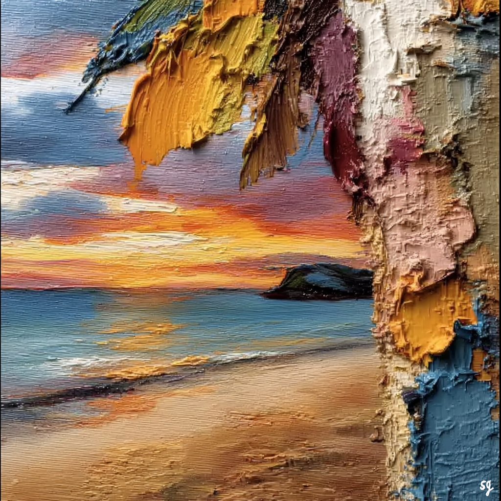 Vibrant Coastal Sunset Impasto Scene