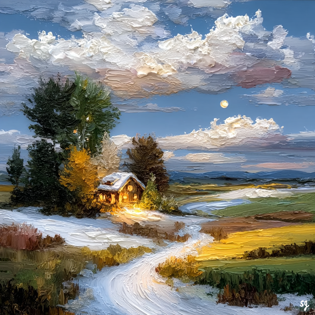 Moonlit Snowy Cabin Scene