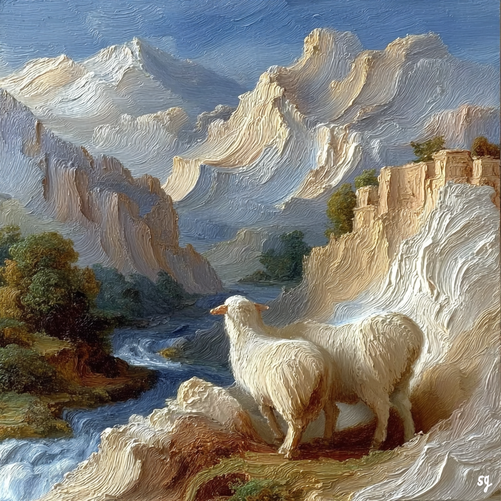 Sheep on Mountainous Riverbank