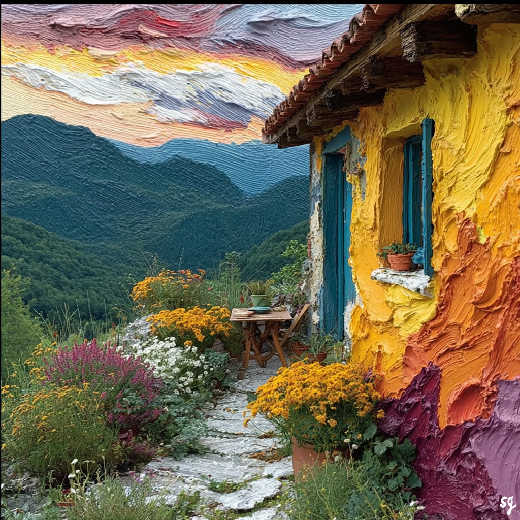 Vibrant Hillside Cottage at Dusk