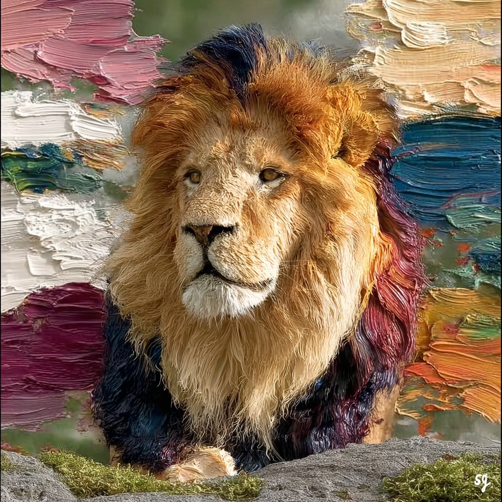 Majestic Lion Amidst Colorful Storm