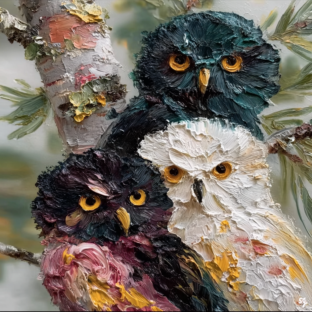 Three Owls in Birch Embrace