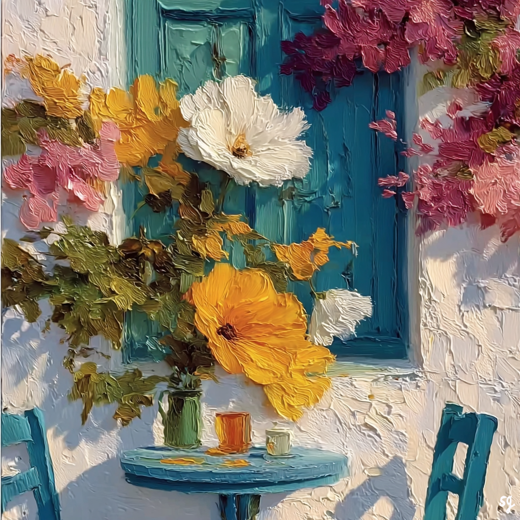 Turquoise Shutters and Sunlit Blooms