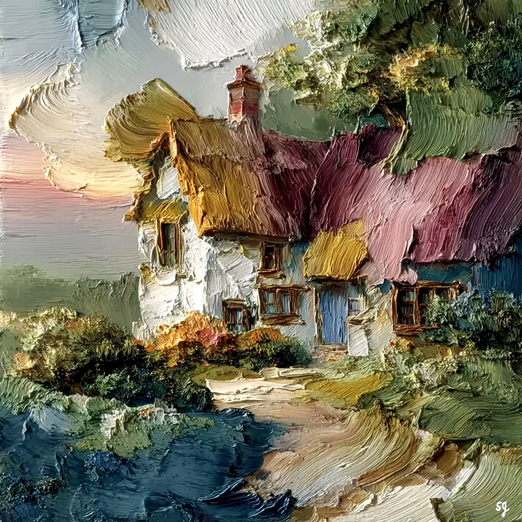 Thatched Cottage at Sunset Glow