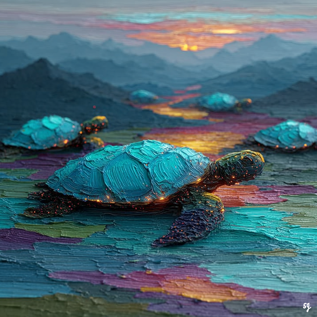 Turquoise Turtles at Dusk Ascent