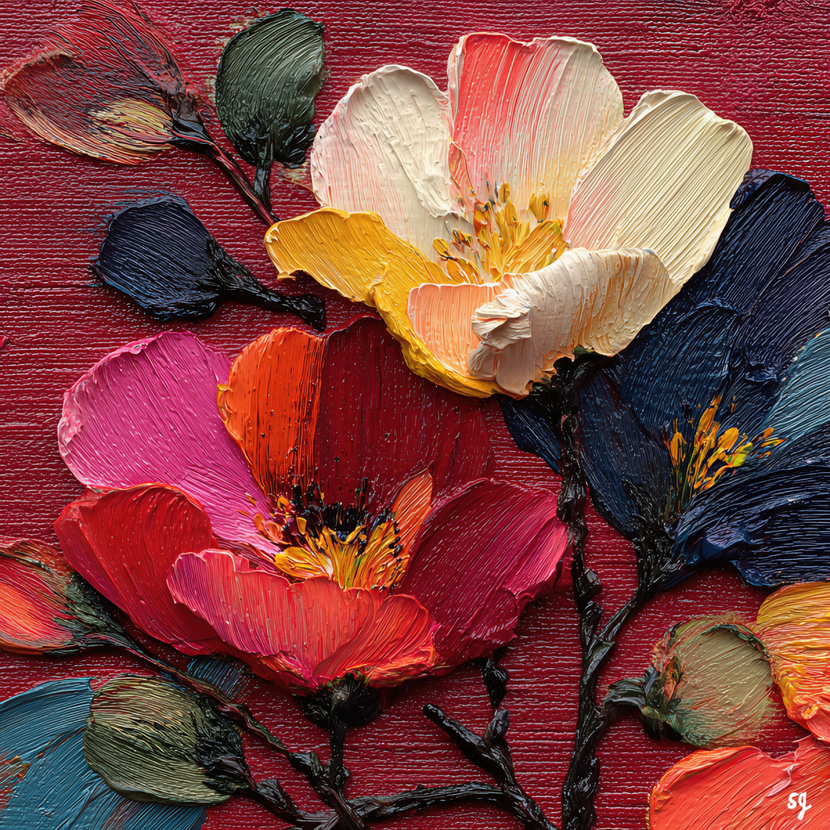 Vibrant Poppy Blooms on Crimson