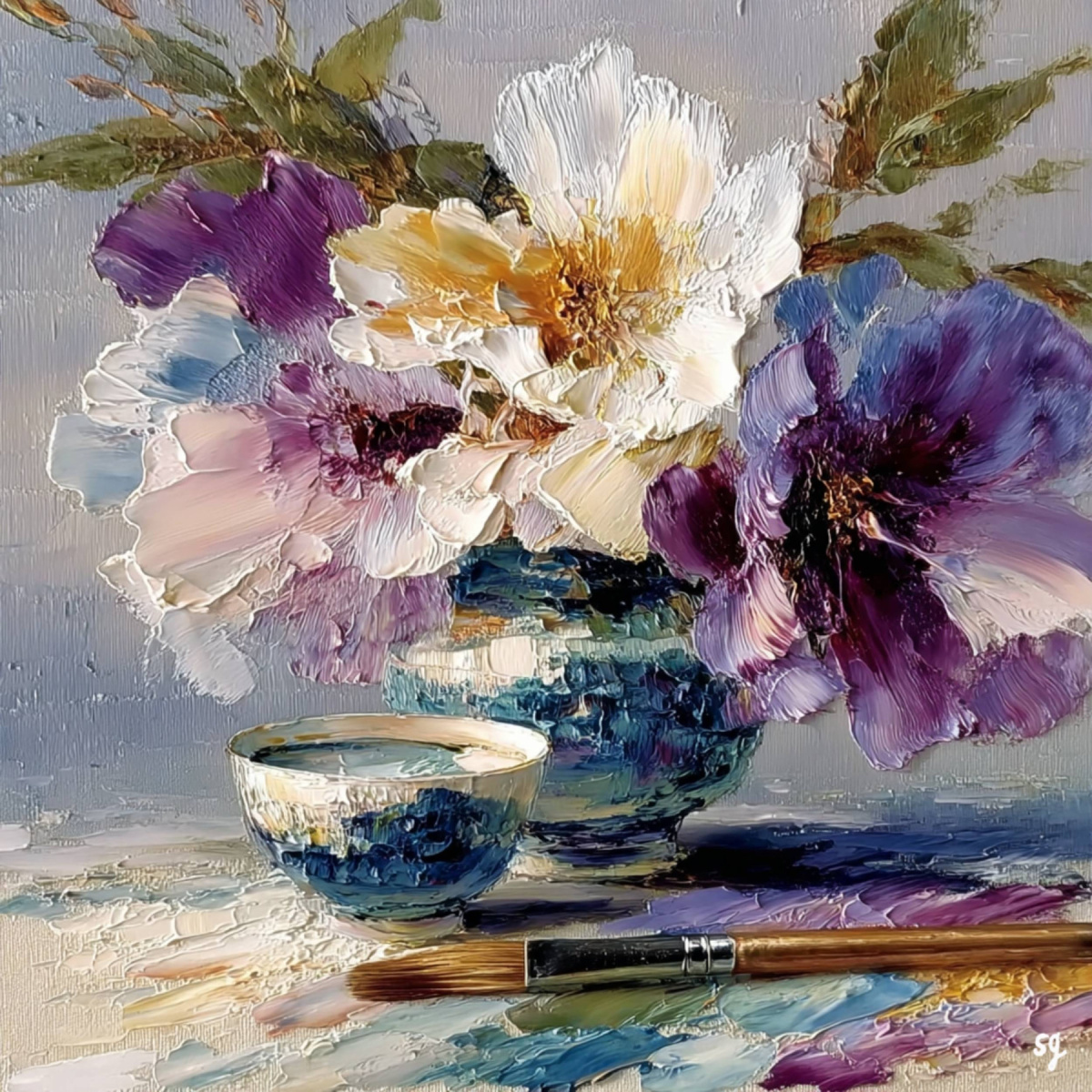 Blooming Peonies in Blue Vase