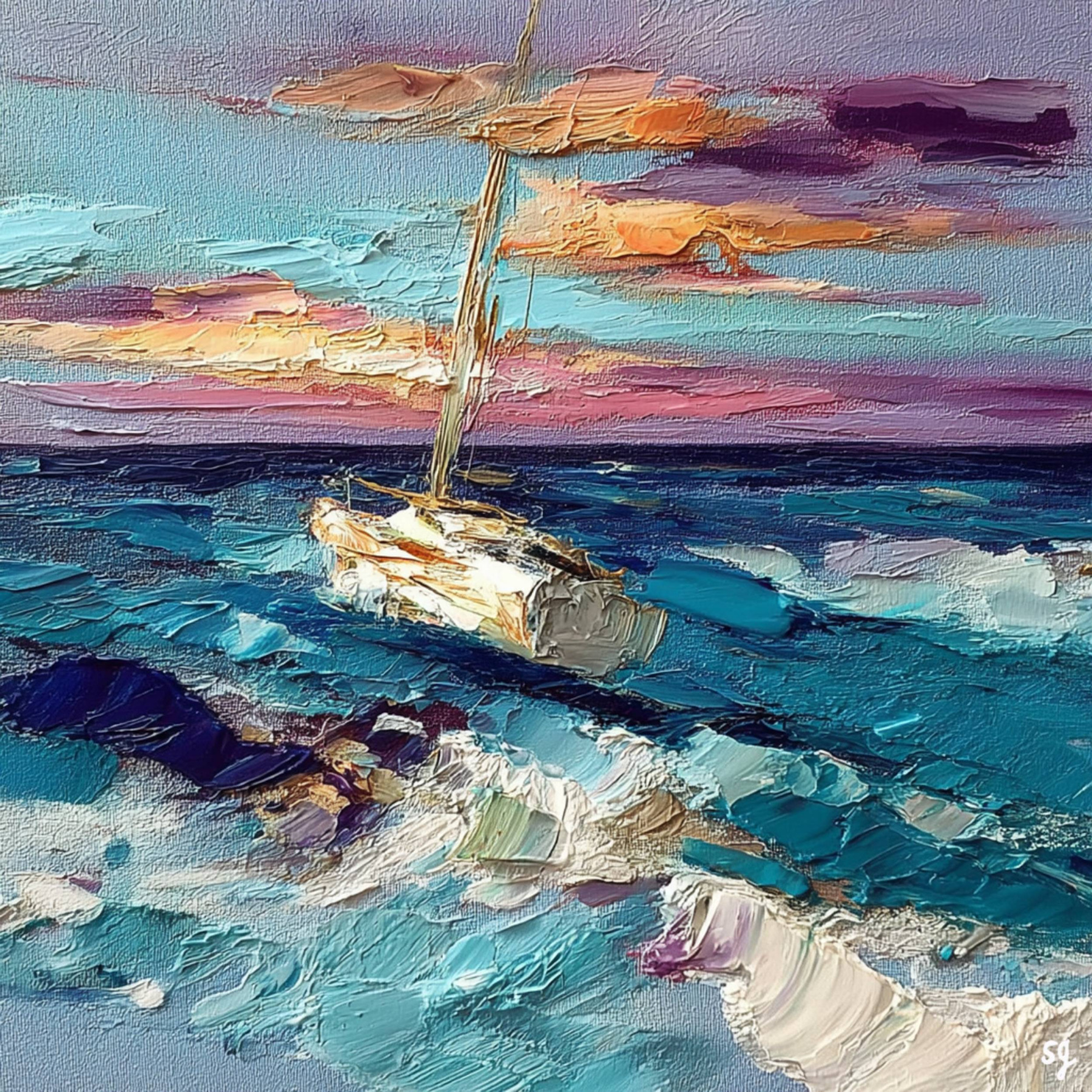 Turbulent Sea at Sunset Glow